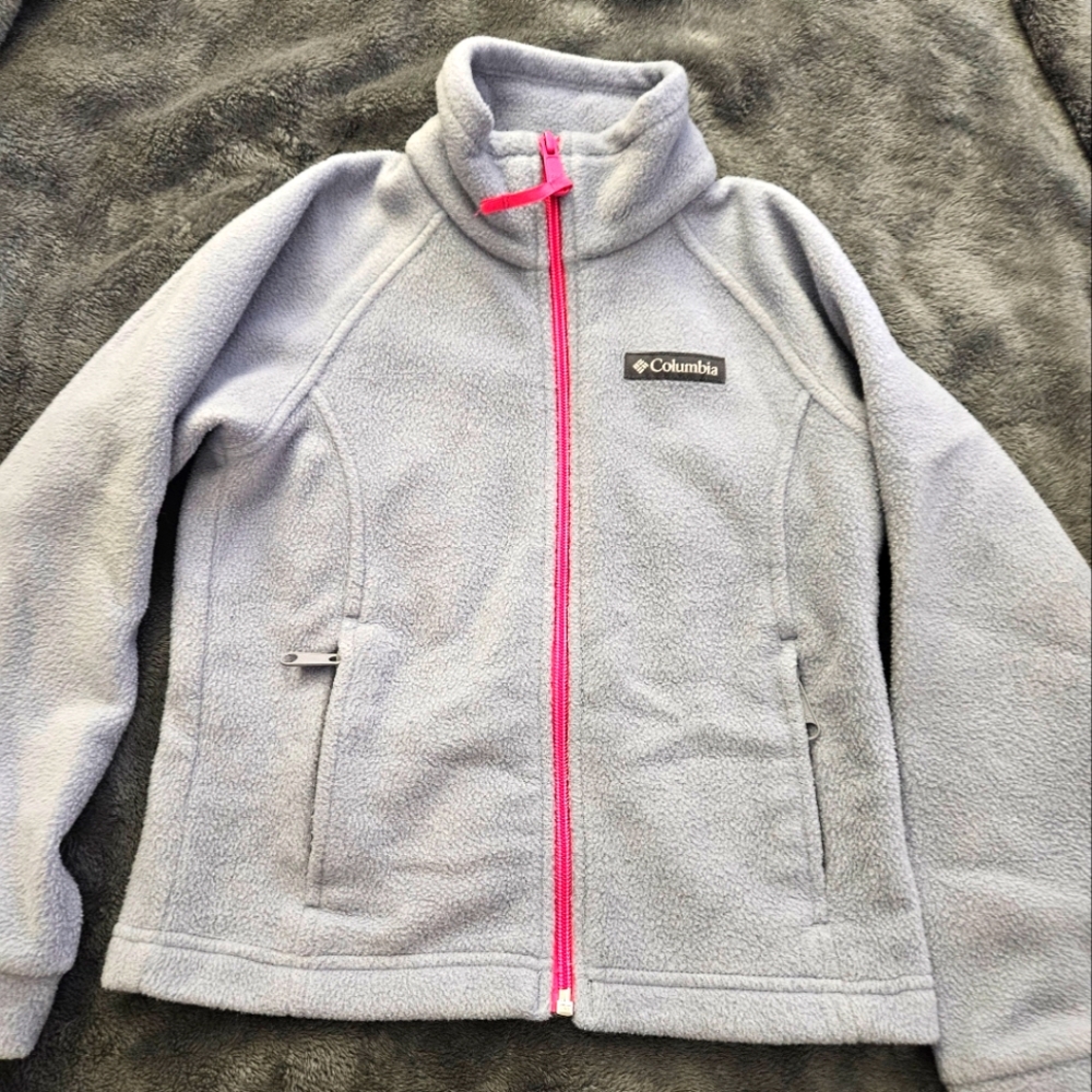 COLUMBIA Girls Full Zip Gray Fleece Jacket Youth Size XS Pink Zip Pockets